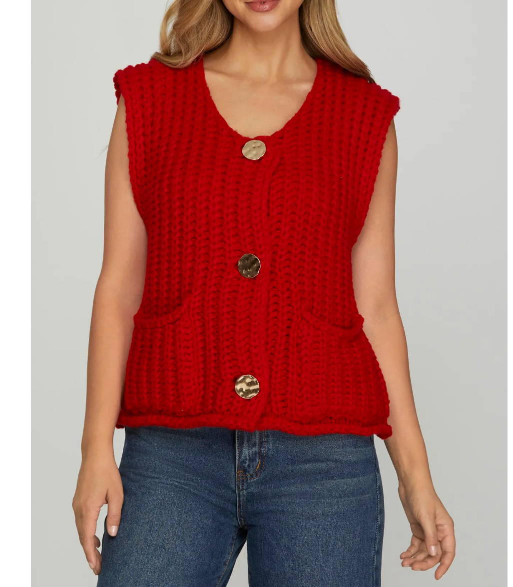 Red Gold Button Sweater