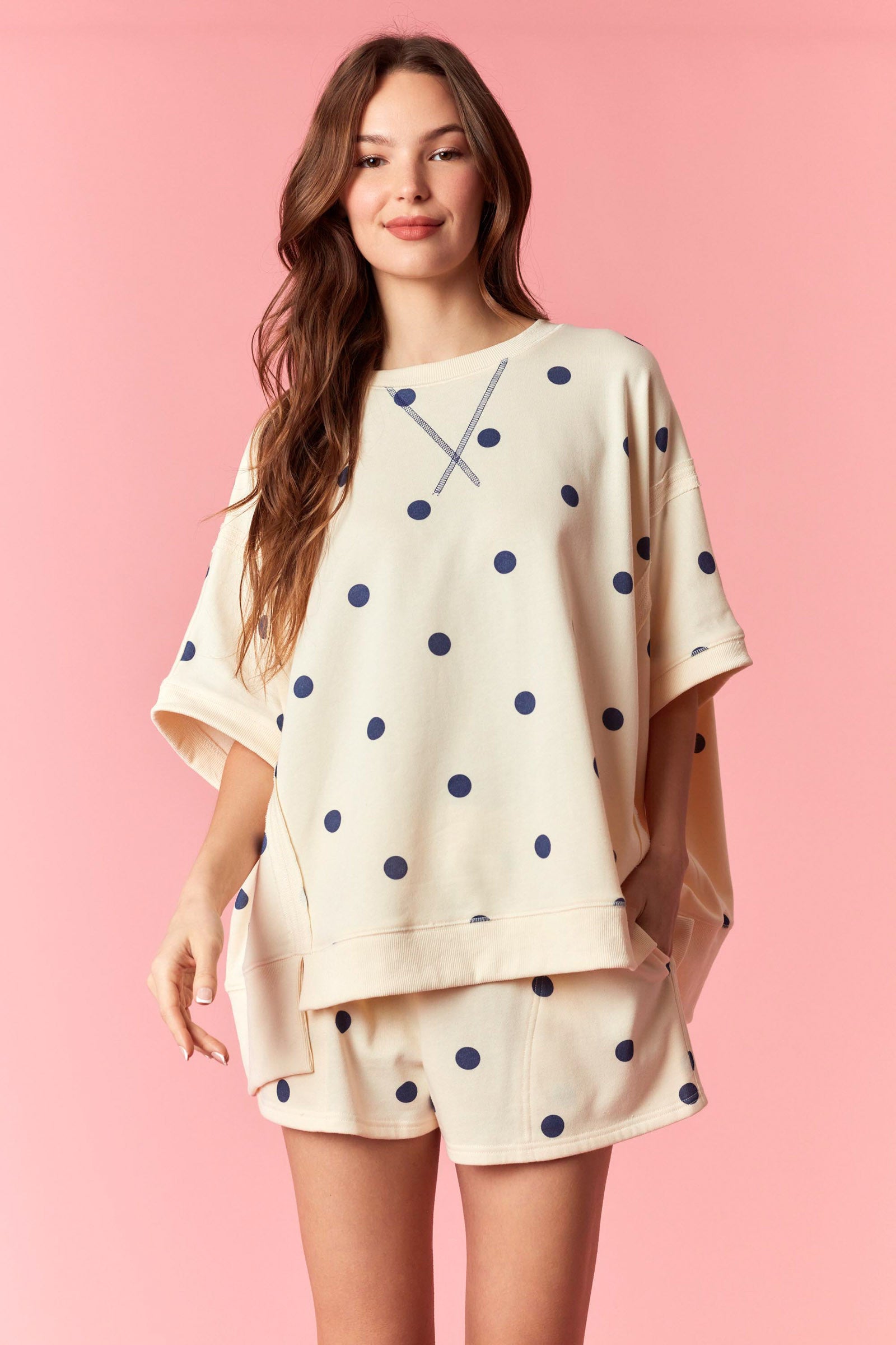 Peach Love Navy Polka Dot set