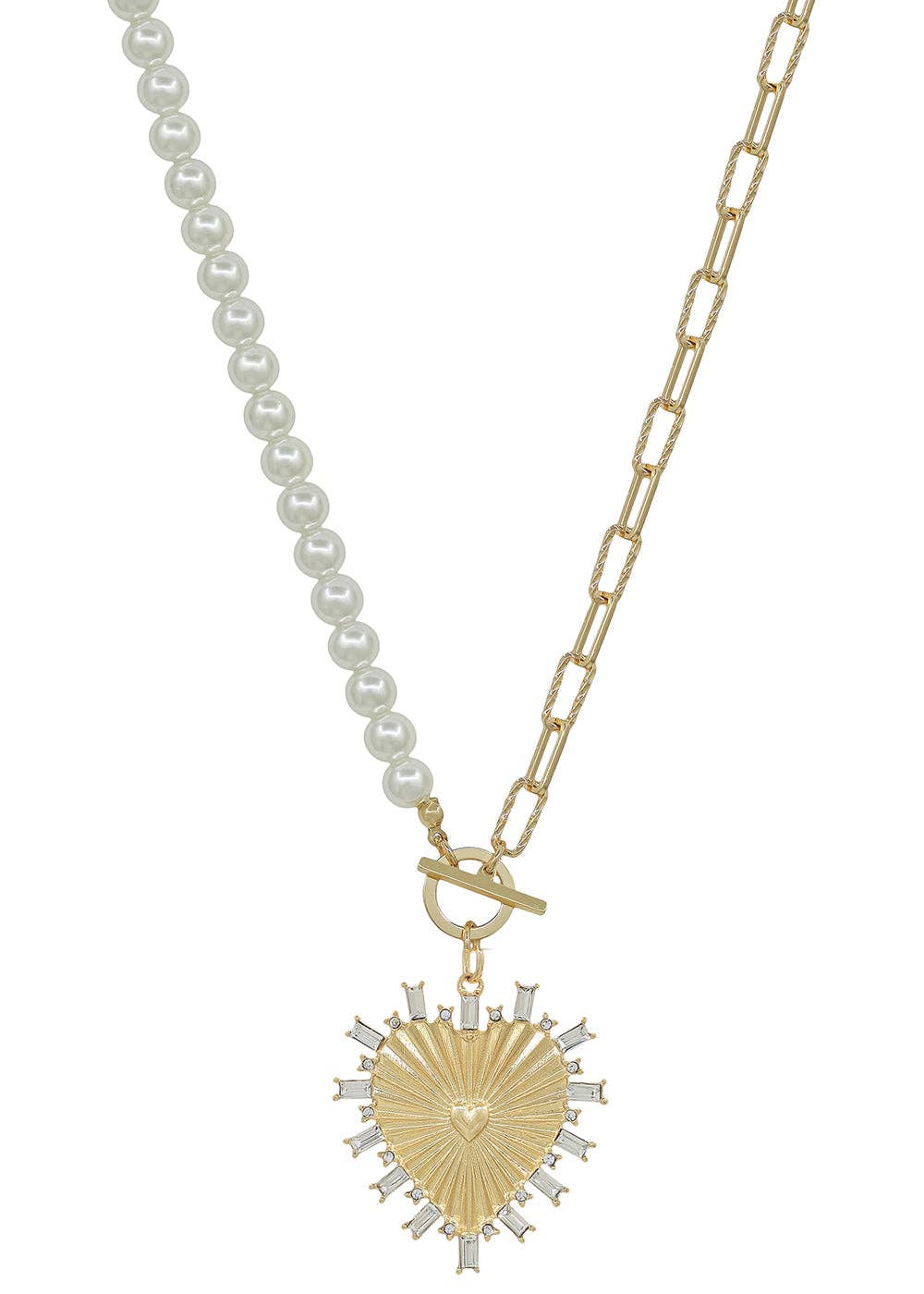 Pearl and Gold chain with Rhinestone Studded Heart Charm 16"-18" Necklace