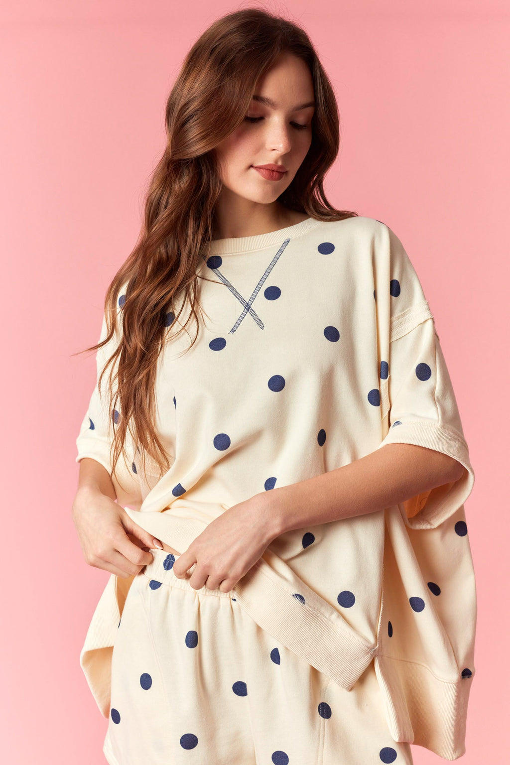 Peach Love Navy Polka Dot set