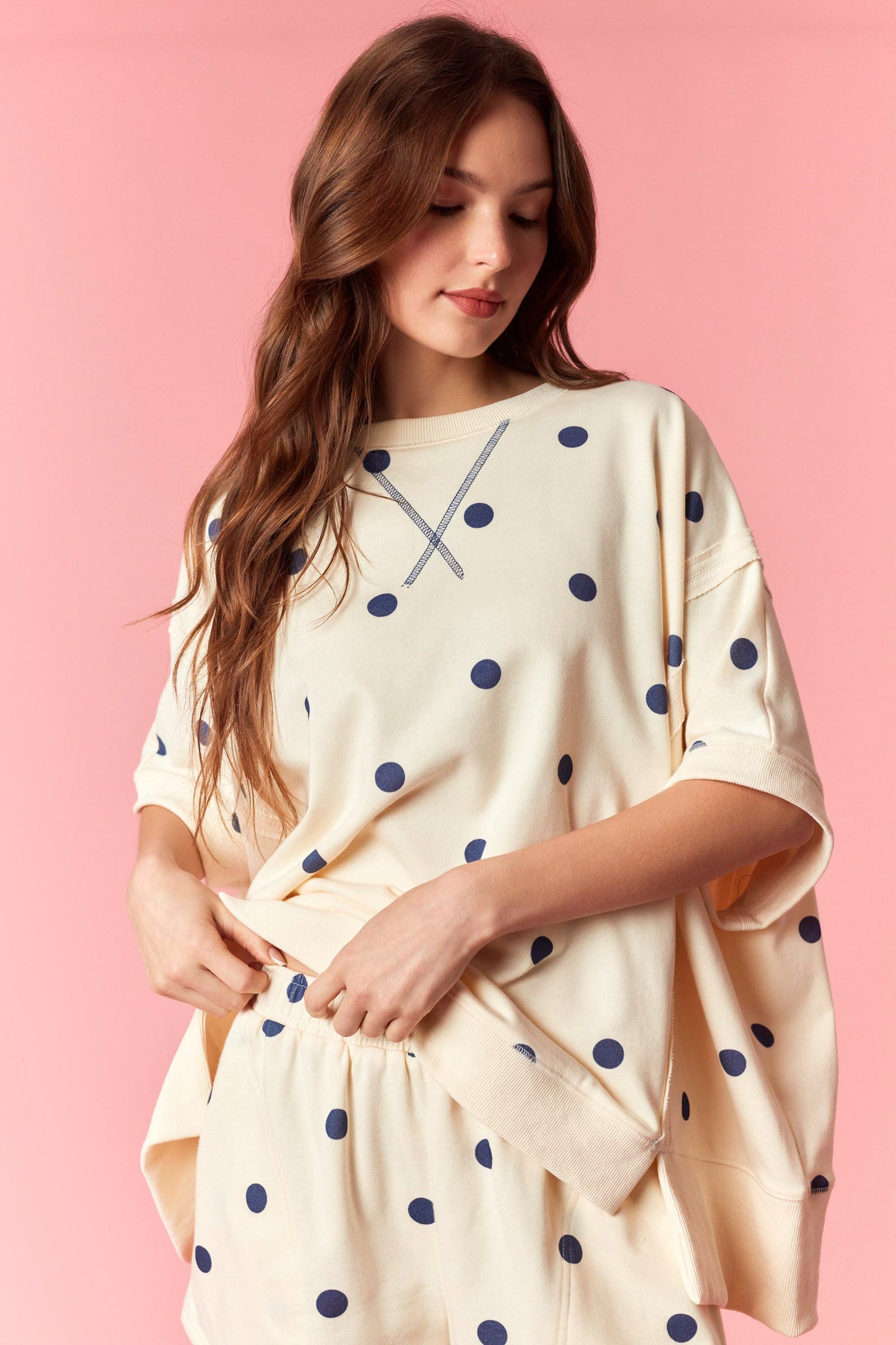 Peach Love Navy Polka Dot set