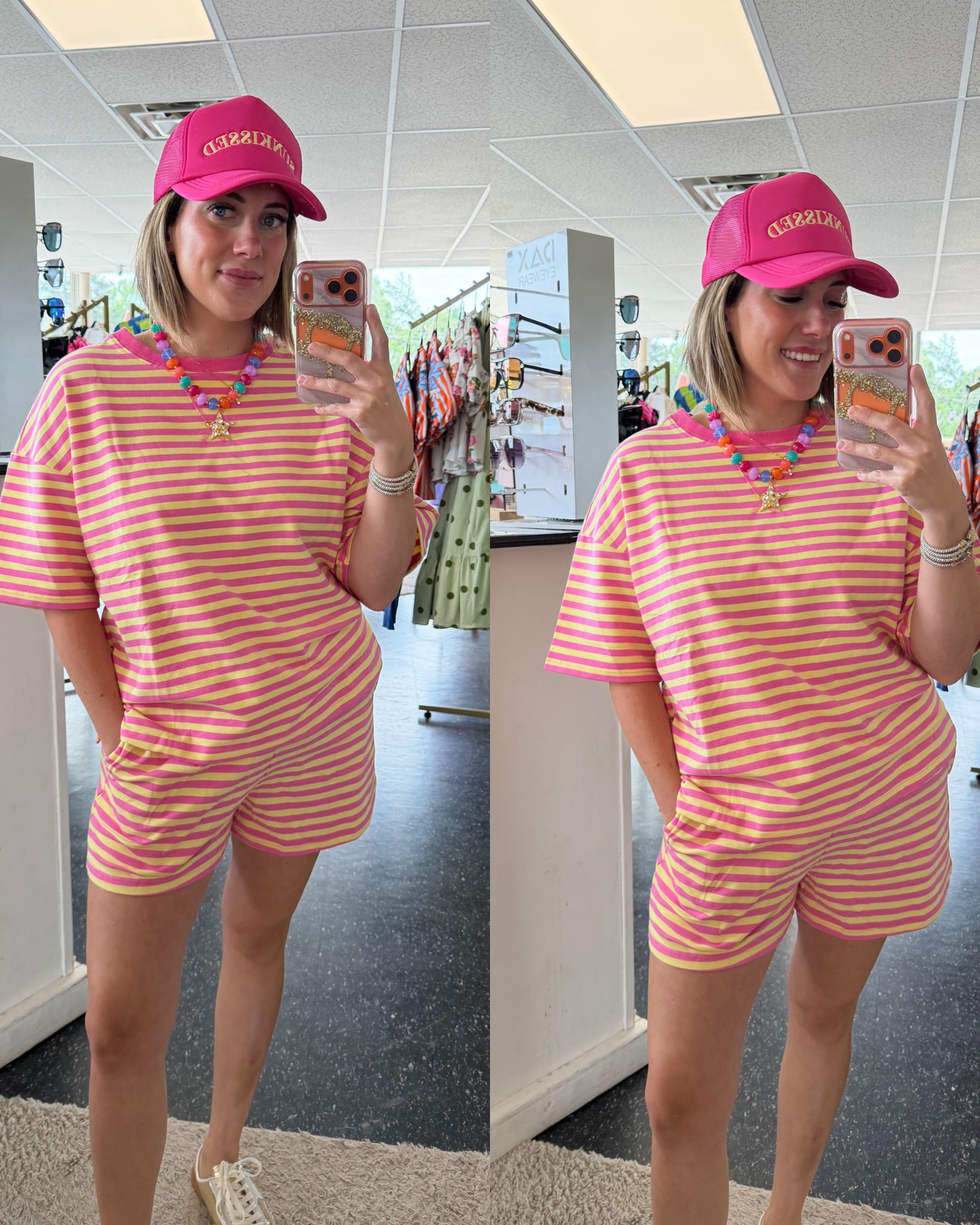 Pink and yellow striped shorts set