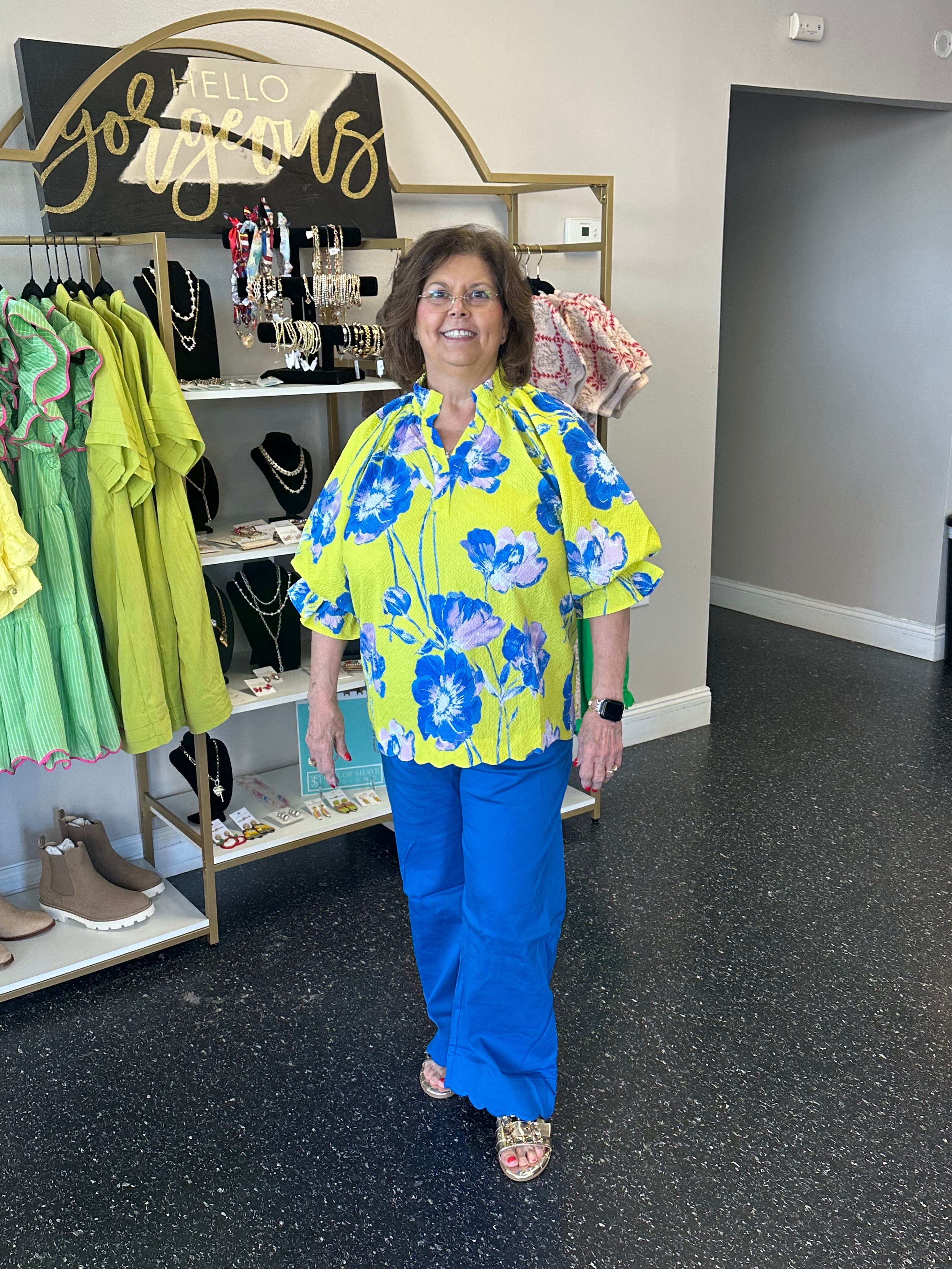Lime/blue floral top