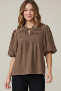 She and sky brown top w tie neck
