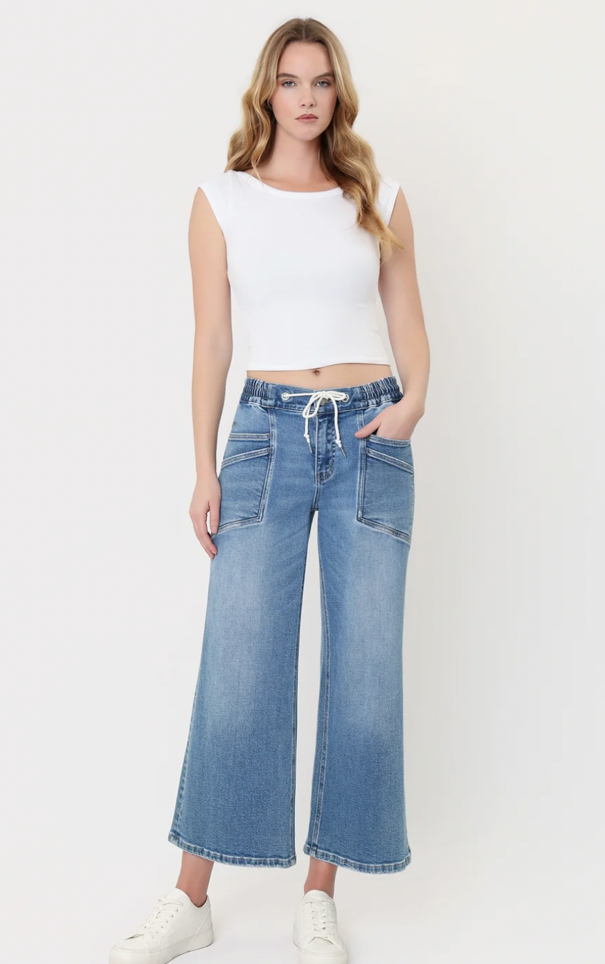 High rise drawstring vervet jean