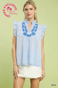 Umgee blue ruffle sleeve top