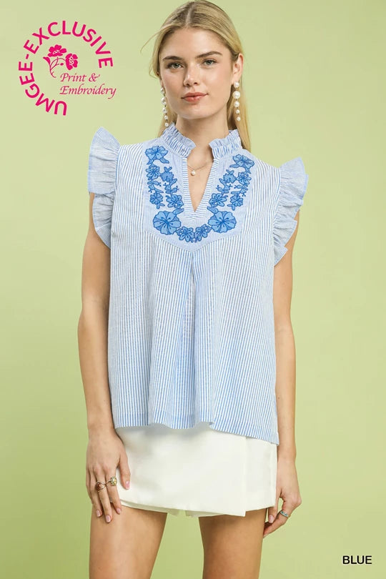 Umgee blue ruffle sleeve top