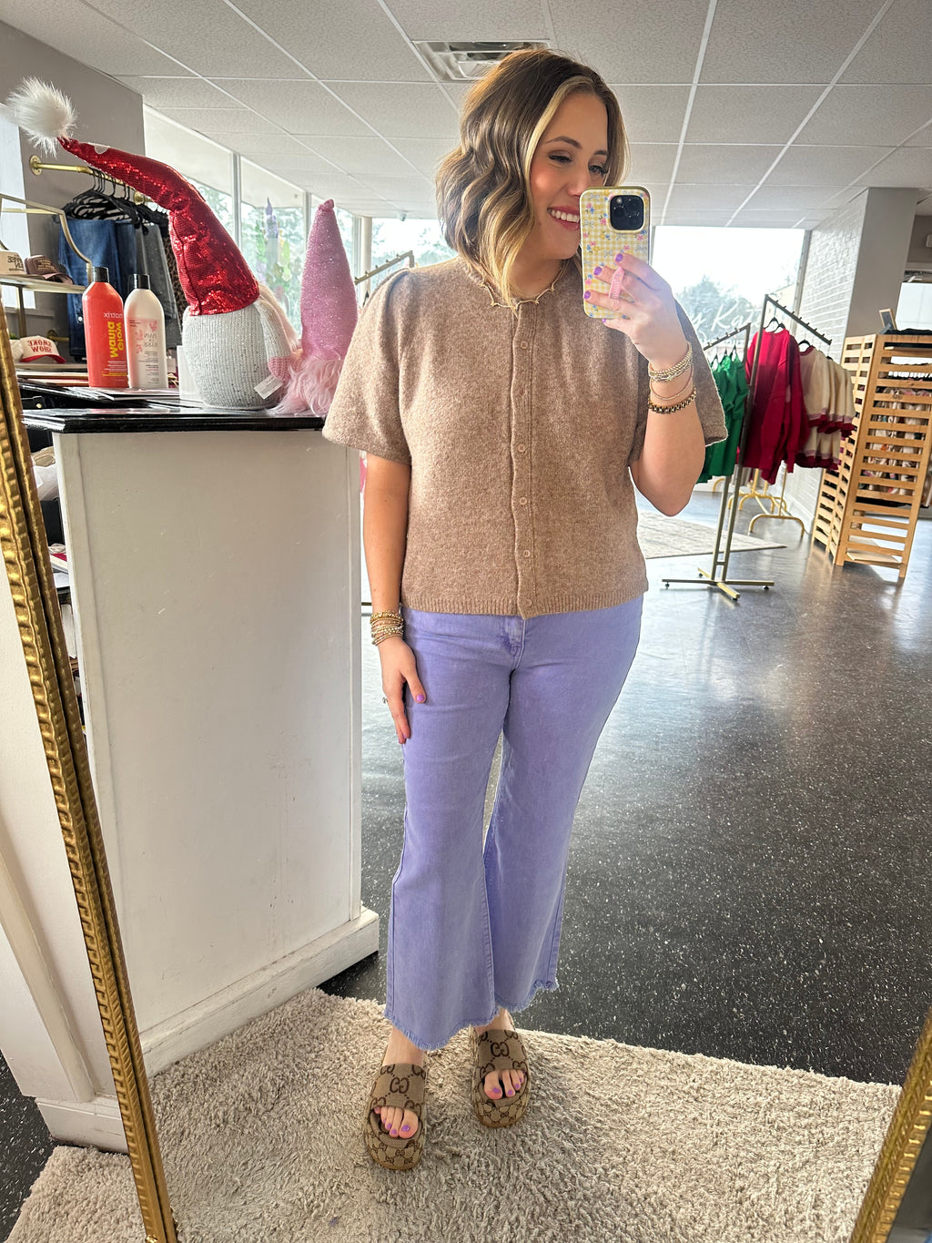 Mocha short sleeve puff sweater