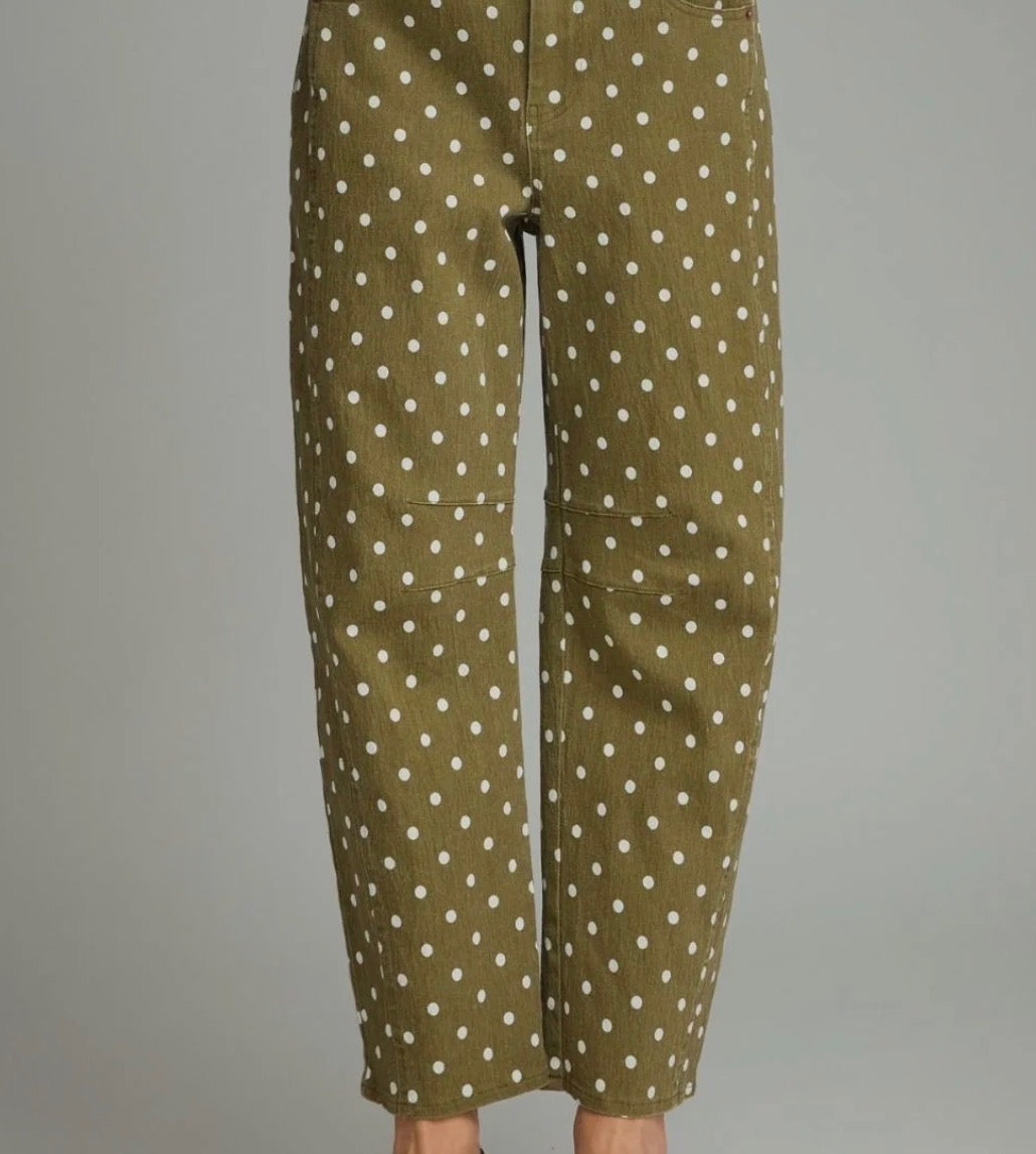 Entro olive and white polka dot jeans