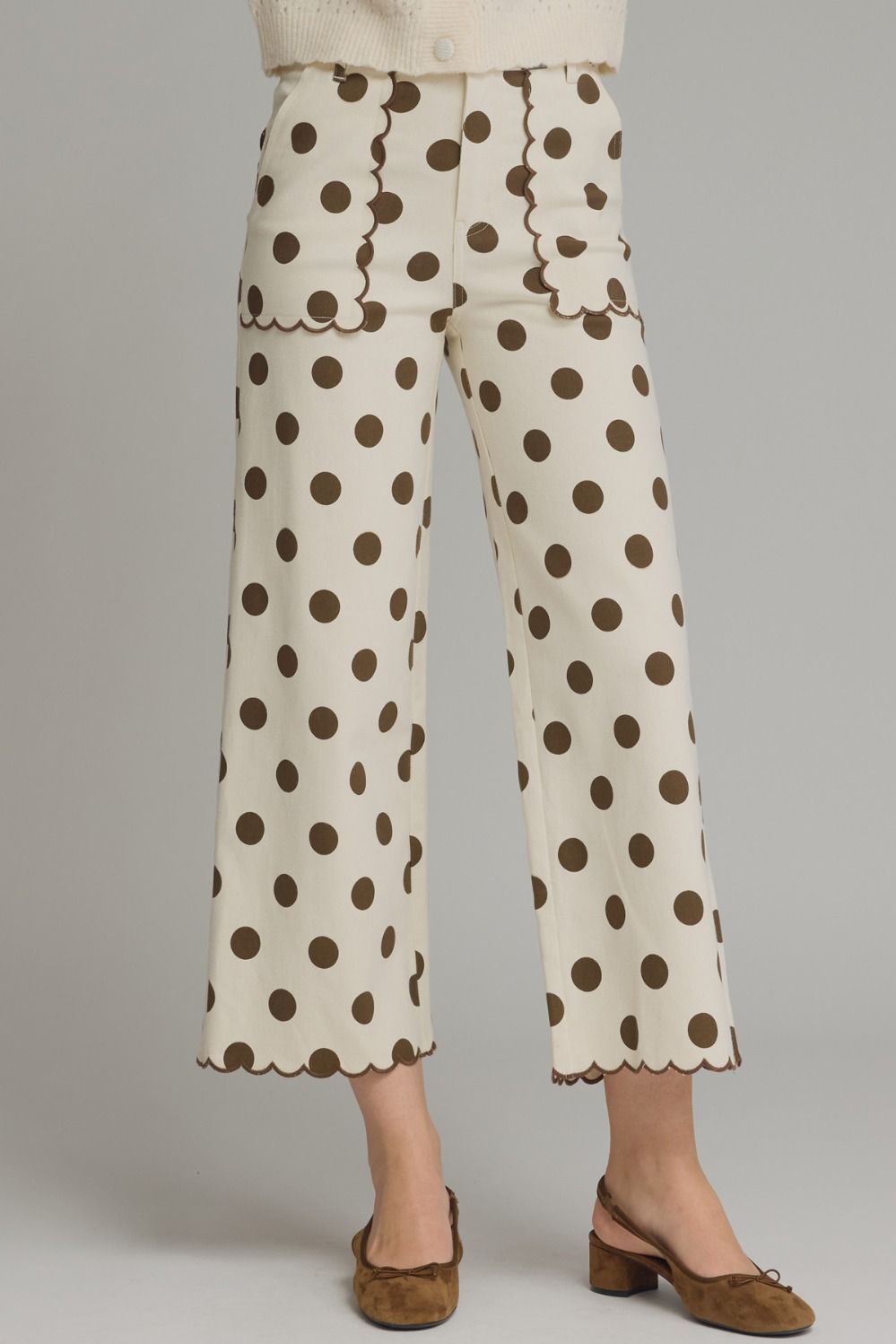 Cream and brown polka dot entro pants