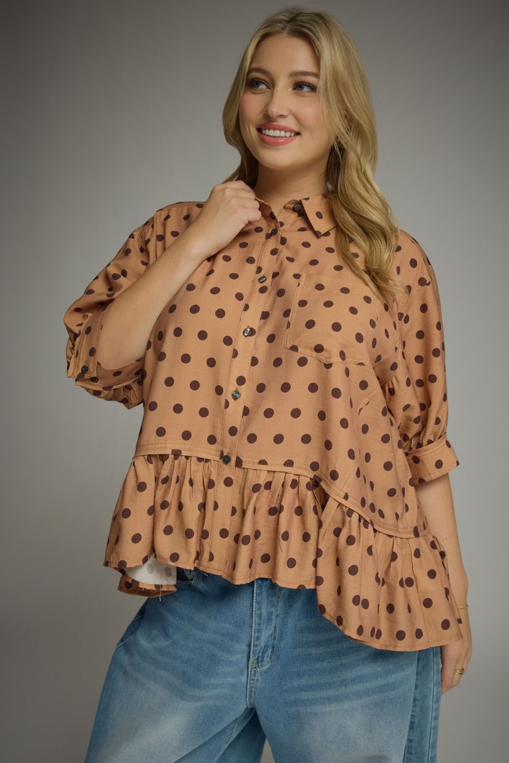 Plus Entro tan and brown polka dot top