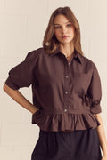 Brown entro button up puff sleeve top