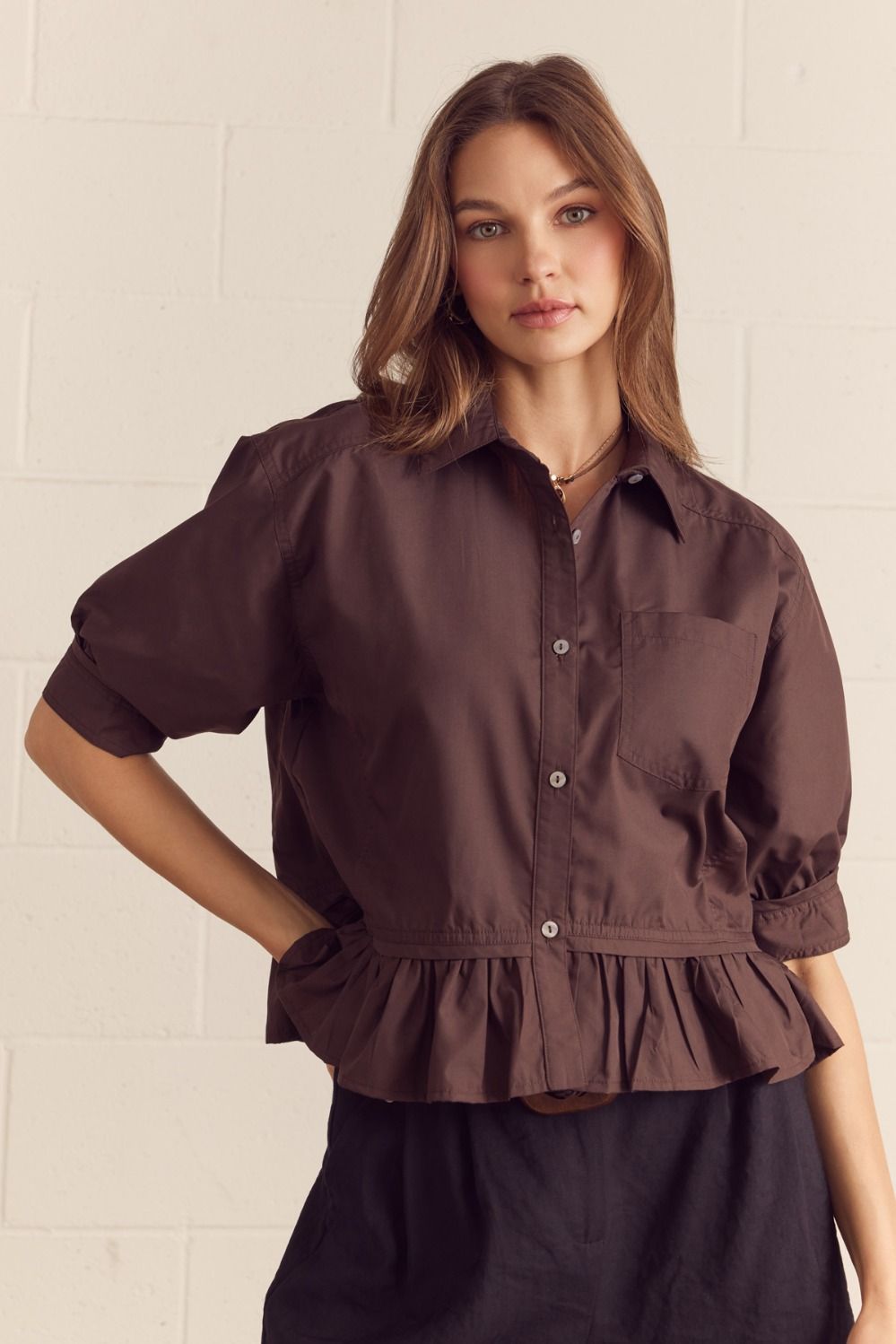 Brown entro button up puff sleeve top