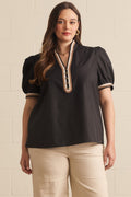 Black plus entro top with puff sleeve