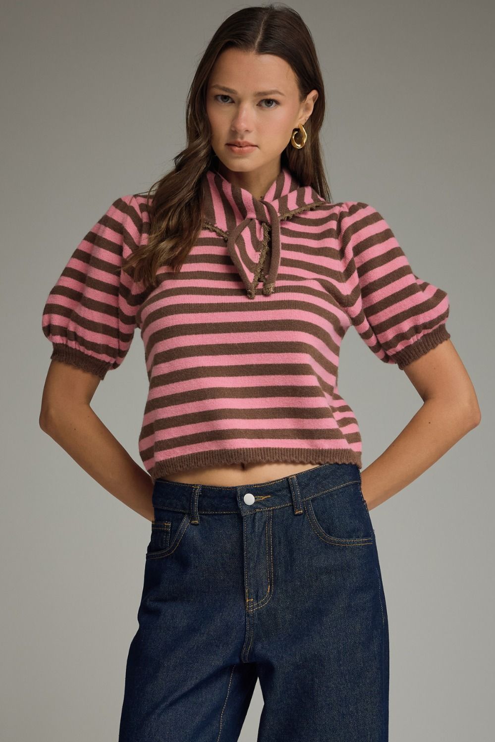 Entro pink and brown tie collar top