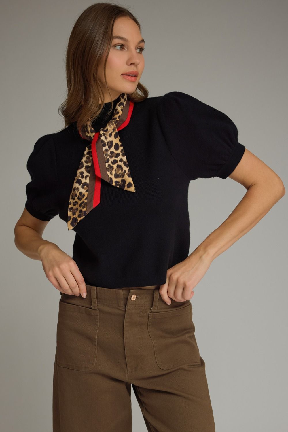 Entro black puff sleeve top with leopard tie