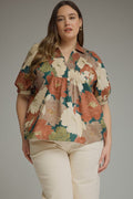 Teal floral puff sleeve entro plus top