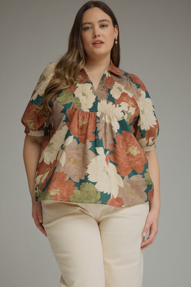 Teal floral puff sleeve entro plus top