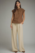 Entro brown button up scalloped sleeve top
